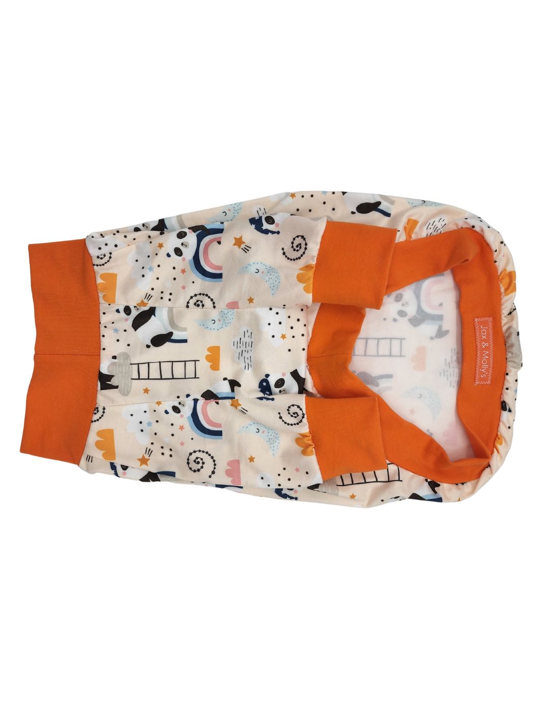 Underbelly view of lightweight pajamas with sleepy pandas and complimentary orange trim