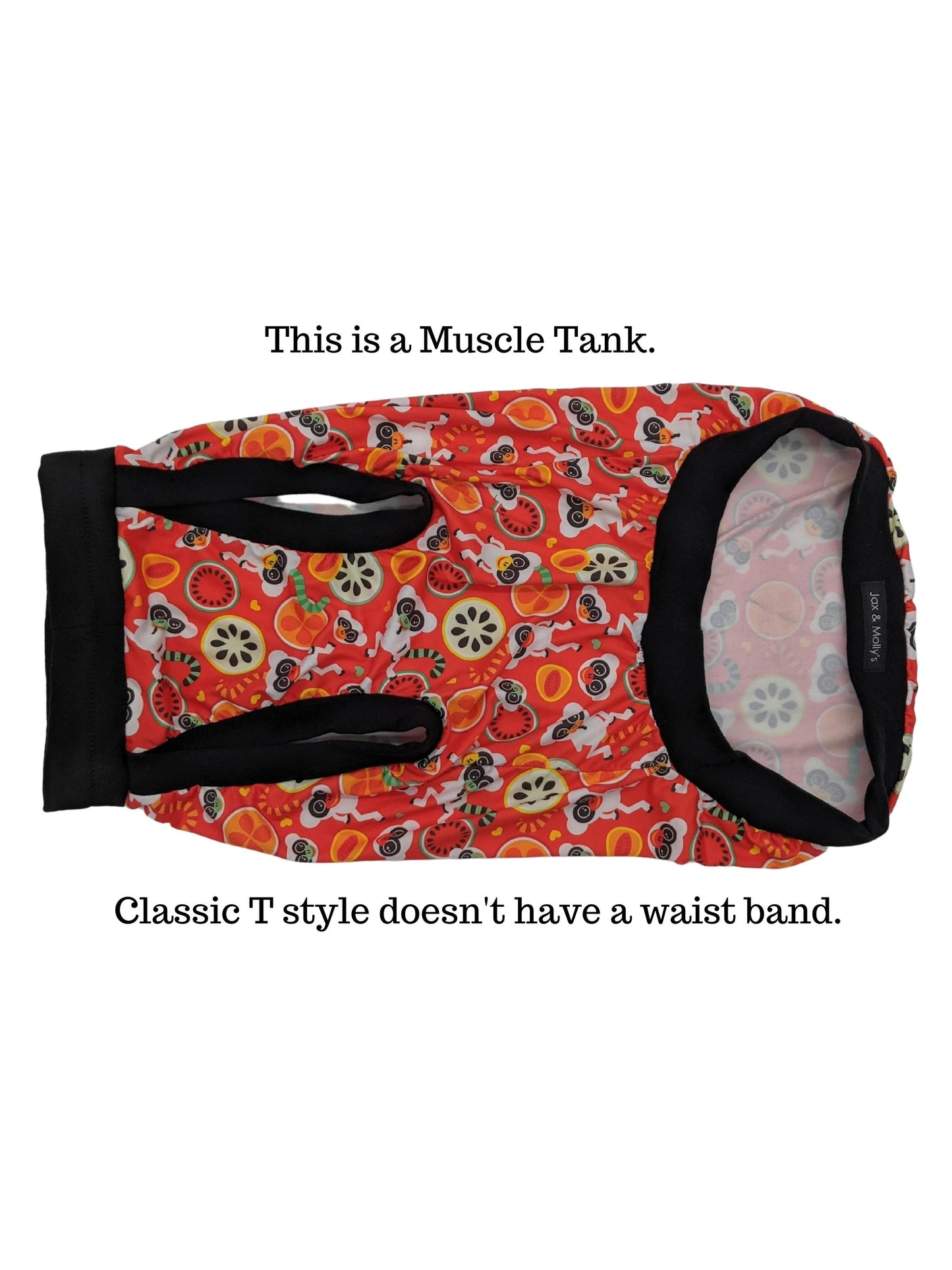 Red pajamas for dogs featuring an adorable lemur and fruit-themed design in a muscle tank style