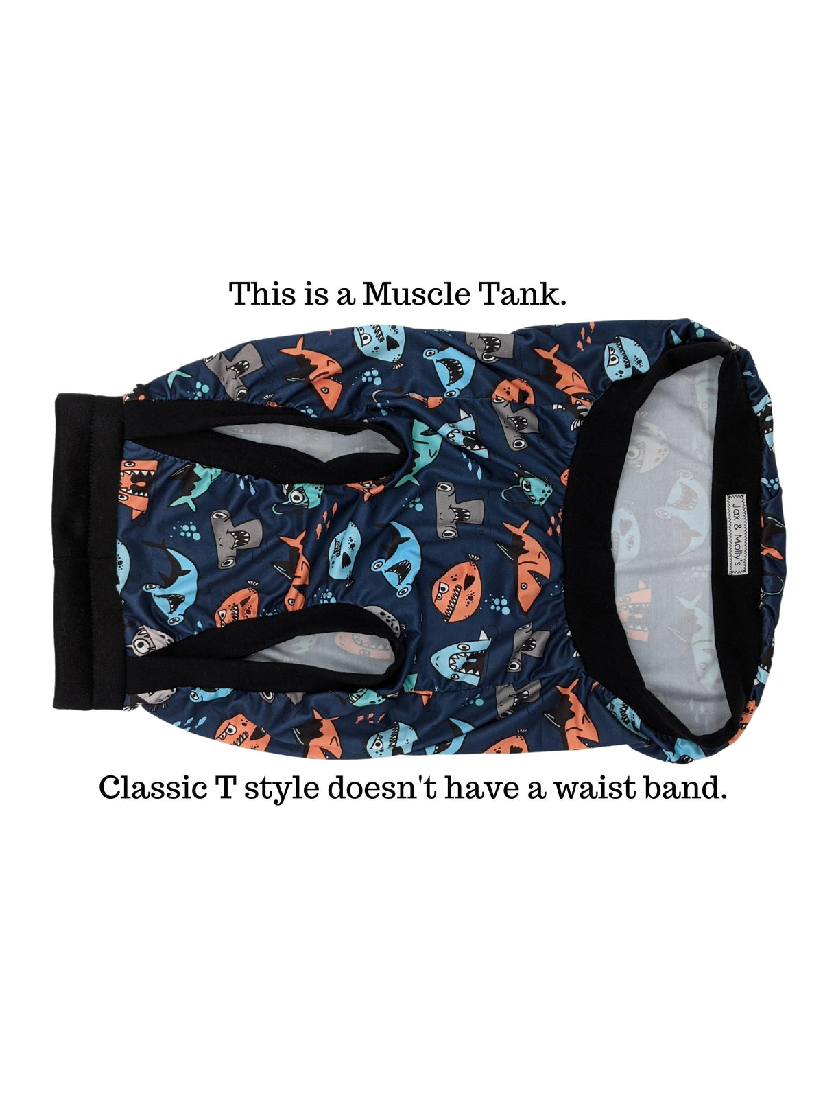 Mischievous Fish & Sharks dog pajamas featuring colorful shark print with black CottonSpandex trim - underbelly view