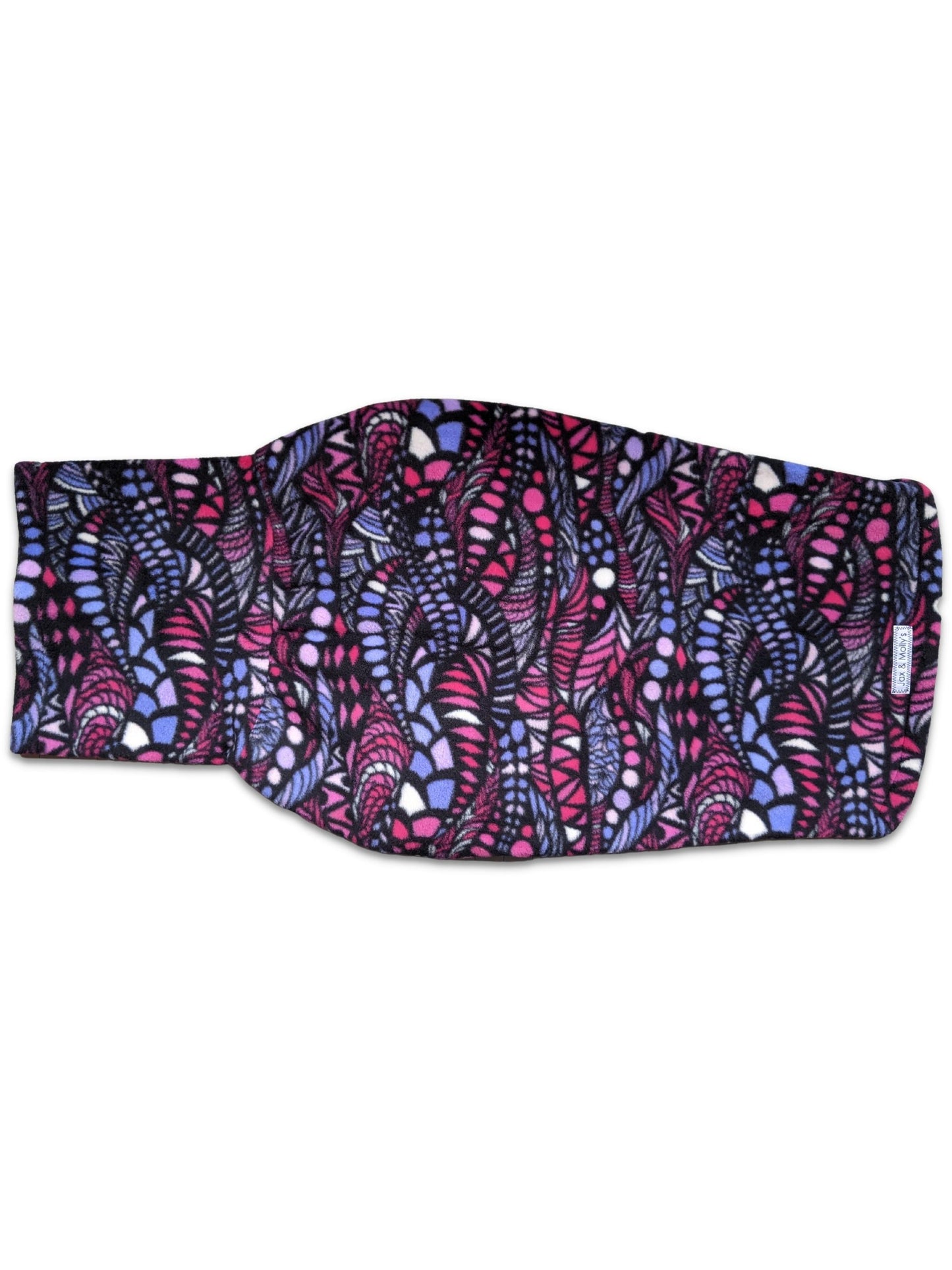 The Purple Zentangle Dog Sweater, featuring a fleece fabric with pink and purple zen-tangle designs and a turtleneck, displayed flat on a white background.