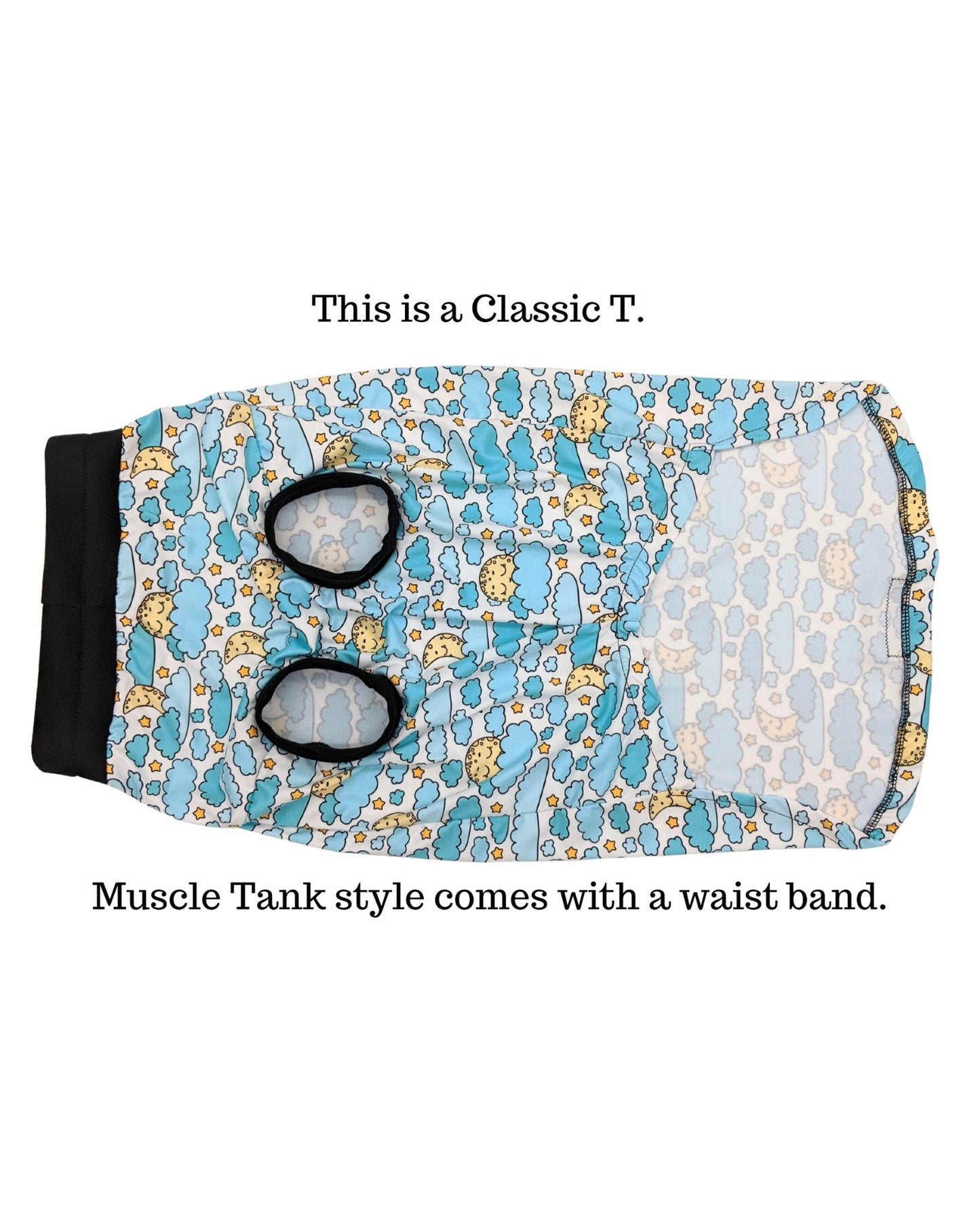 Underbelly of dog pajamas with moon and cloud print, shown with black trim.