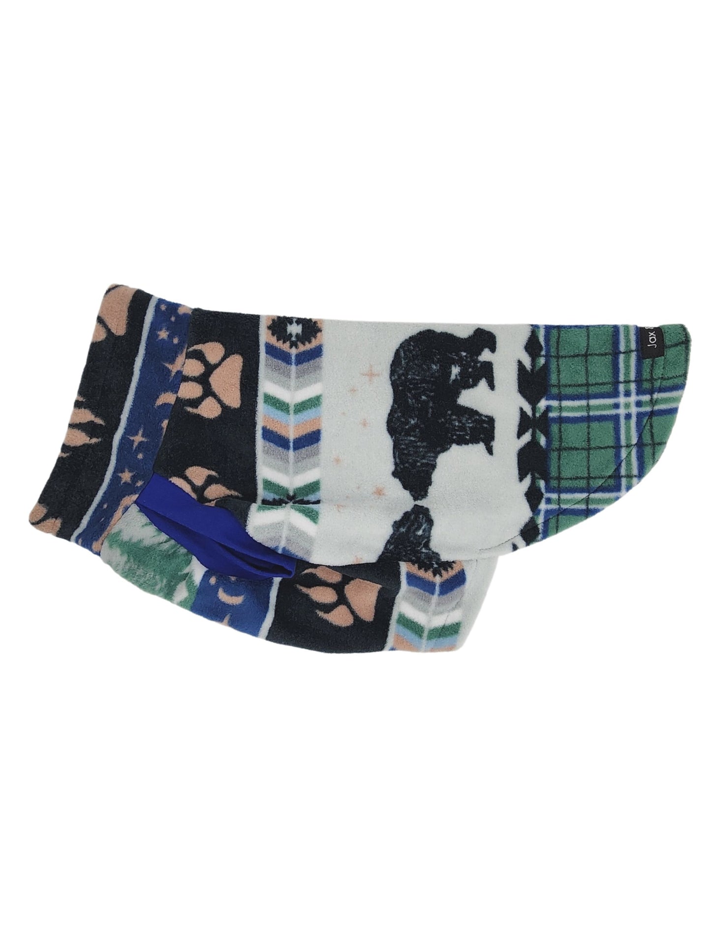 Side view of a charming dog sweater featuring bear, bear paw prints along with a green plaid backdrop and accents.