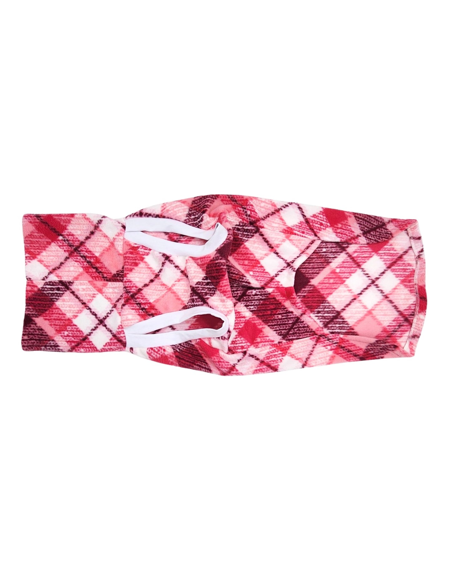 Underbelly view of Jax & Molly's Bubble Gum Pink Plaid Dog Sweater in the muscle tank style option.
