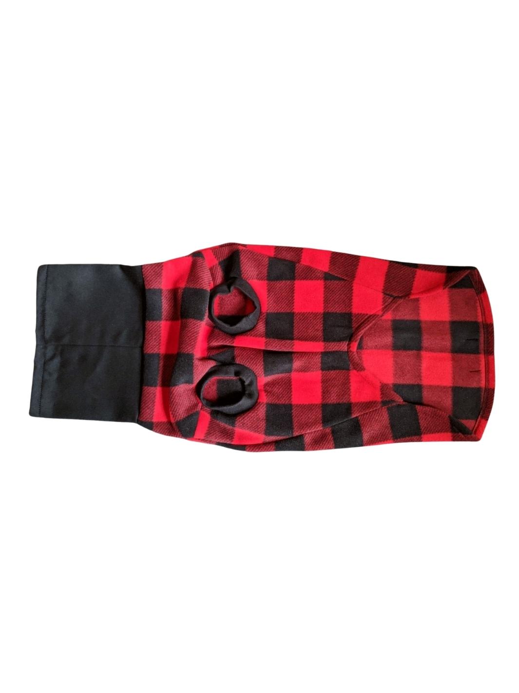 Underbelly view of Jax & Molly's stunning red and black buffalo plaid dog sweater.