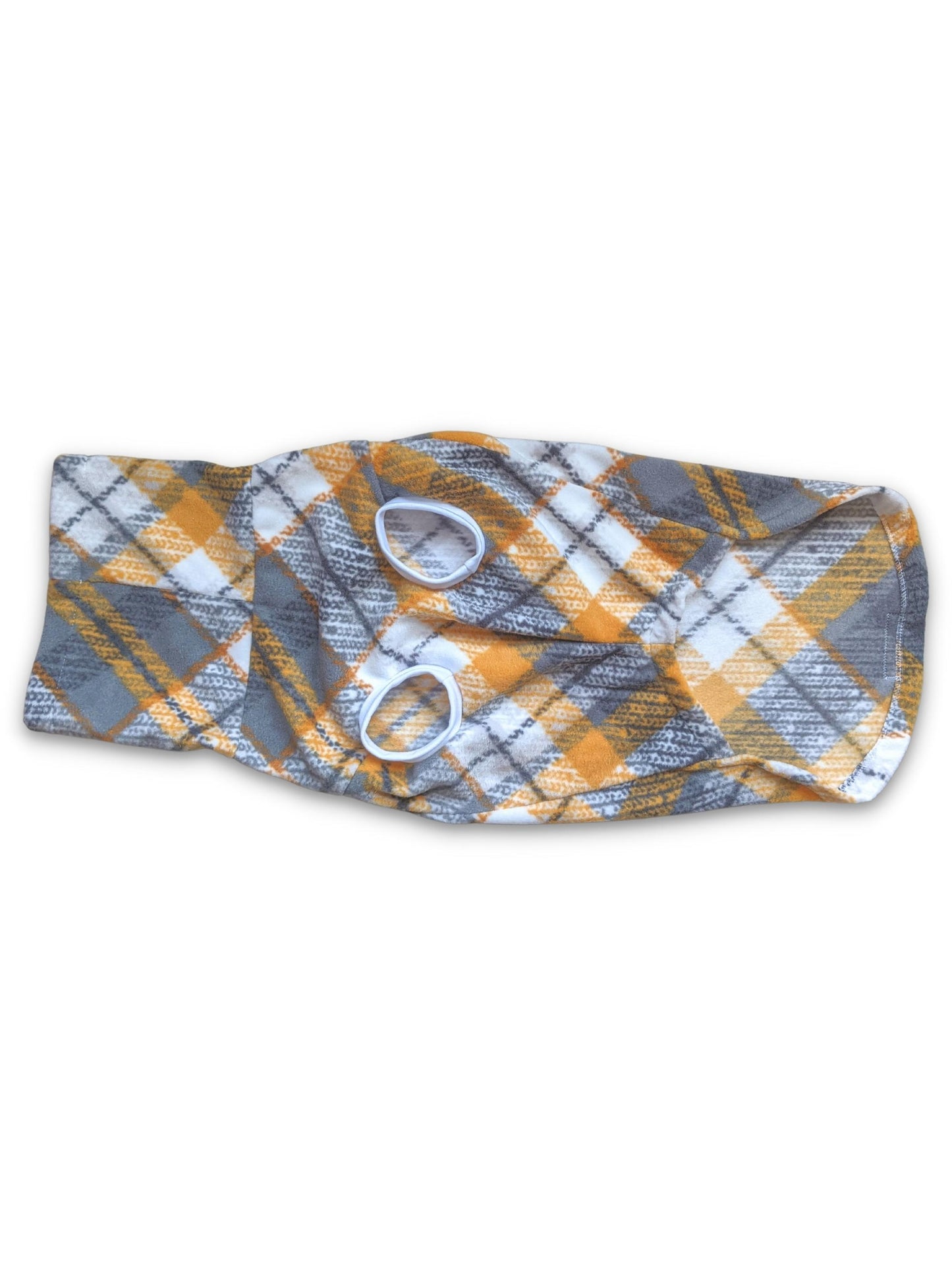Underbelly view of Jax & Molly's The Dusty Gold Plaid Dog Sweater crafted from a yellow, gray and white plaid dog sweater.