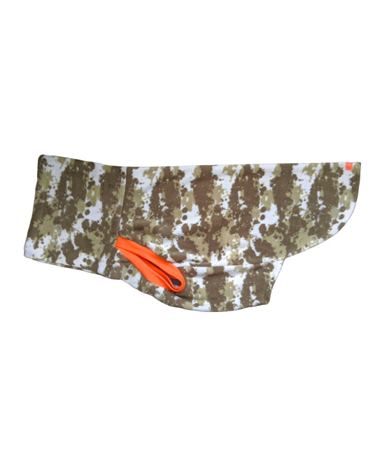 Side profile of Jax & Molly's 'The Hunter Dog Sweater' made from a fleece camouflage print.