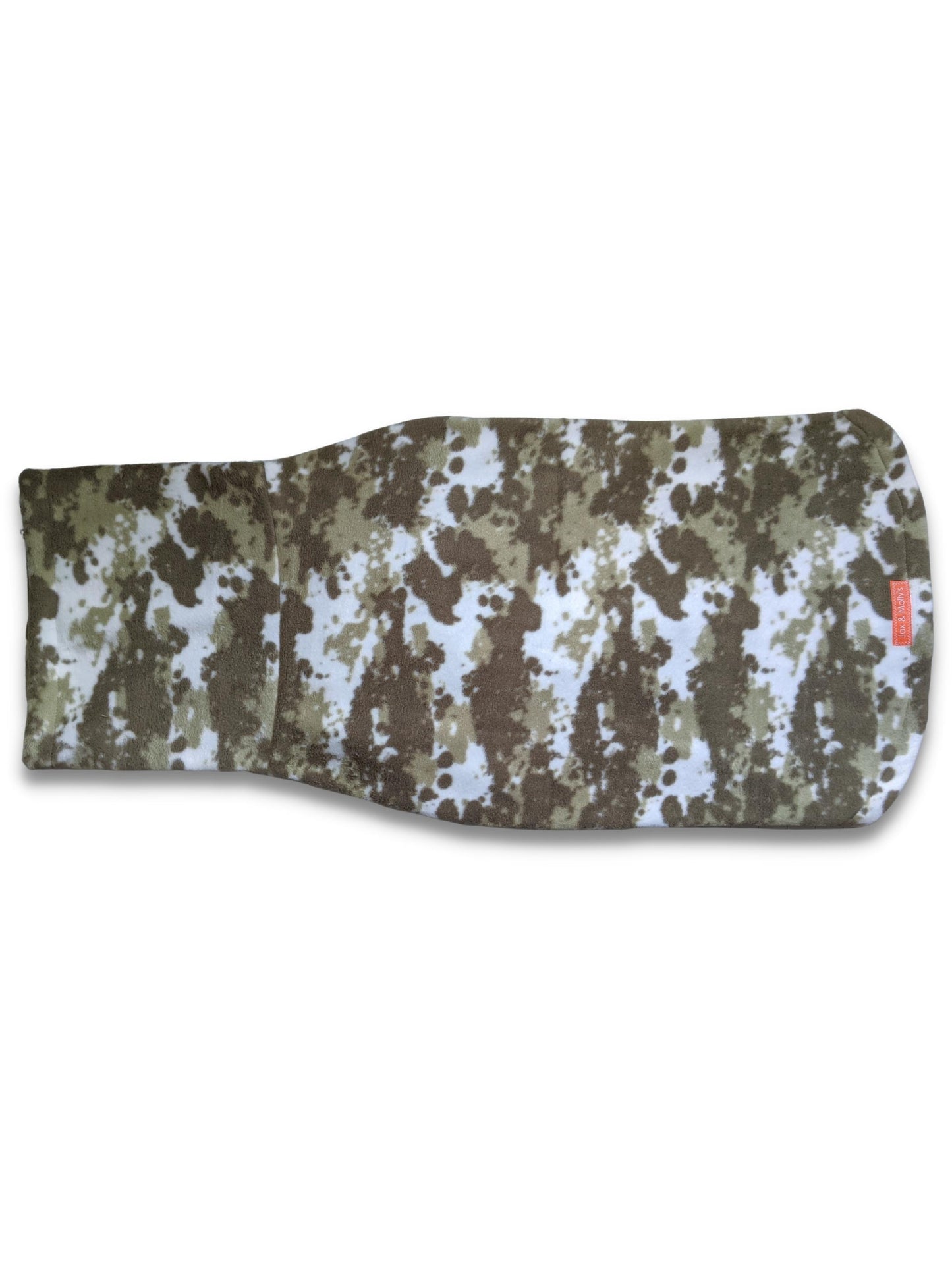 Back view of Jax & Molly's 'The Hunter Dog Sweater' made from a fleece camouflage print.