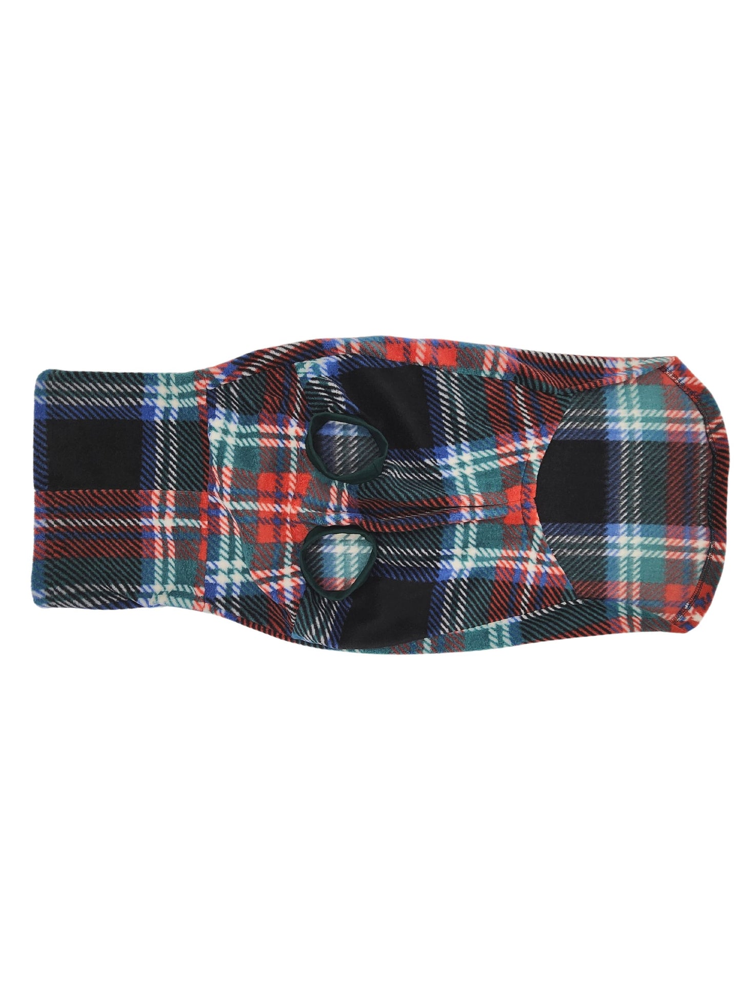 Underbelly profile of Jax & Molly's 'The Midnight Tartan Dog Sweater' in classic t style, adorned with a beautiful plaid print in shades of blue, green, white, and red.