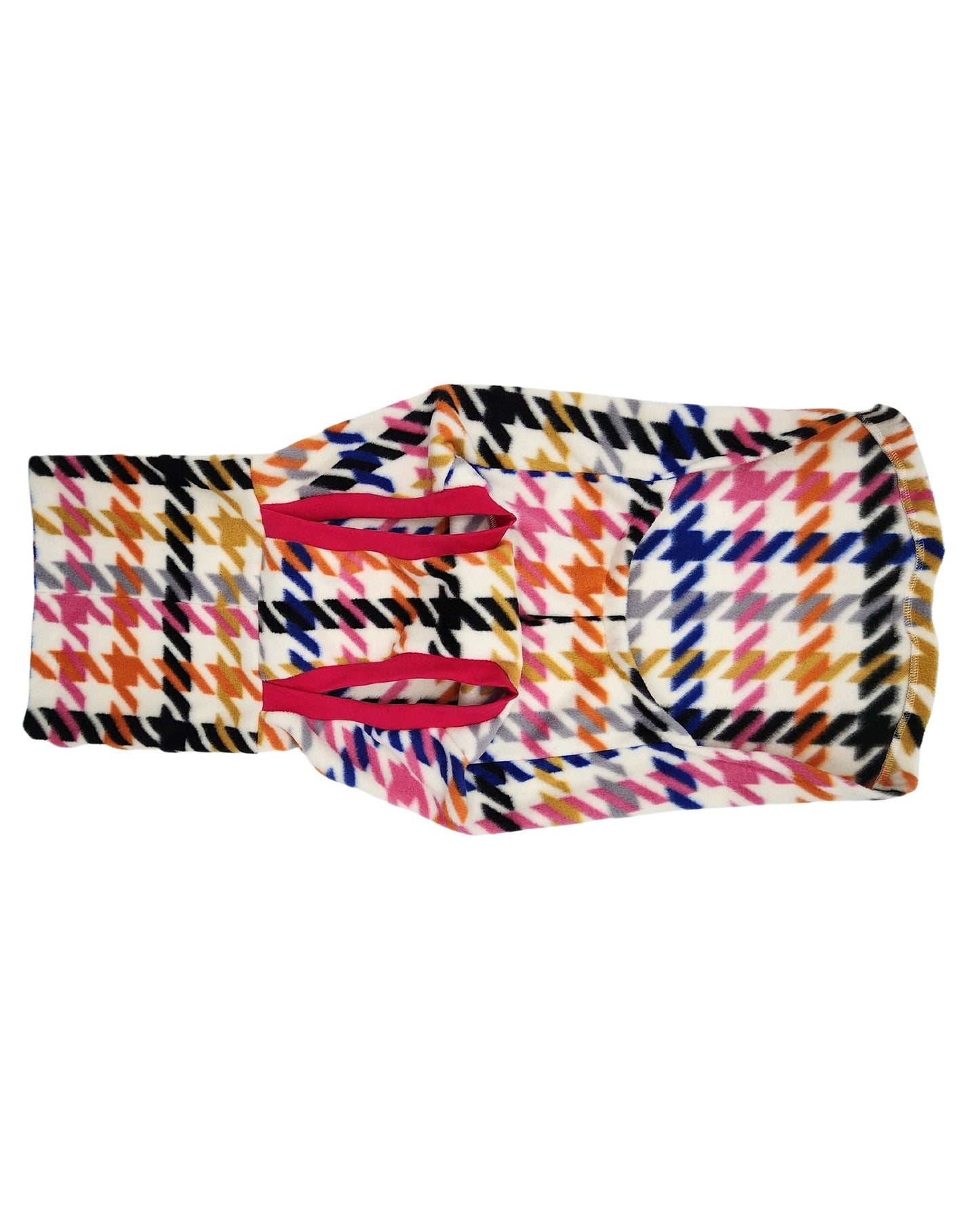 Multicolored Houndstooth fleece dog sweater, flat underside view