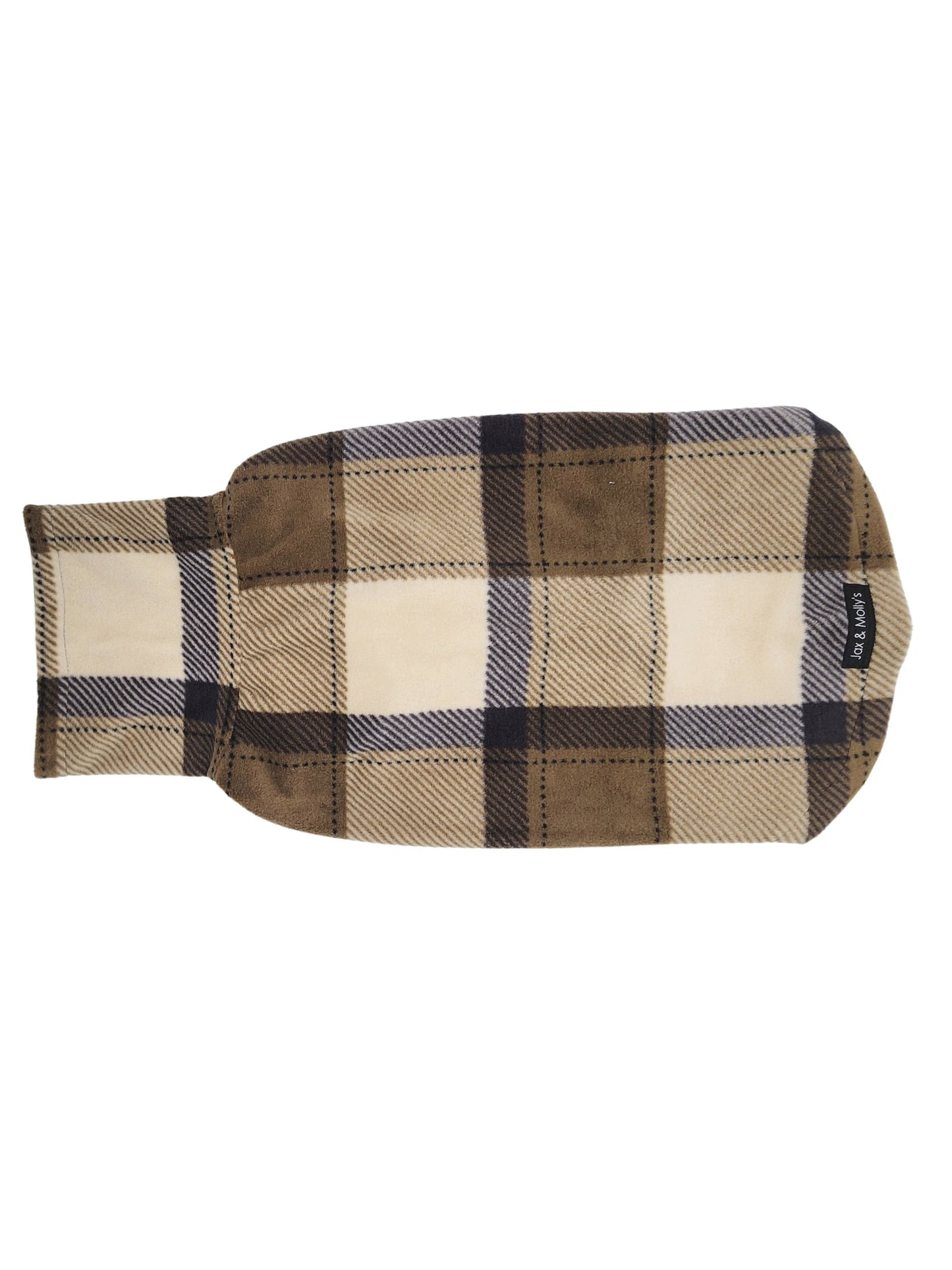 Back view of Jax & Molly's Trinity Dog Sweater, adorned with a beige, tan and navy plaid.