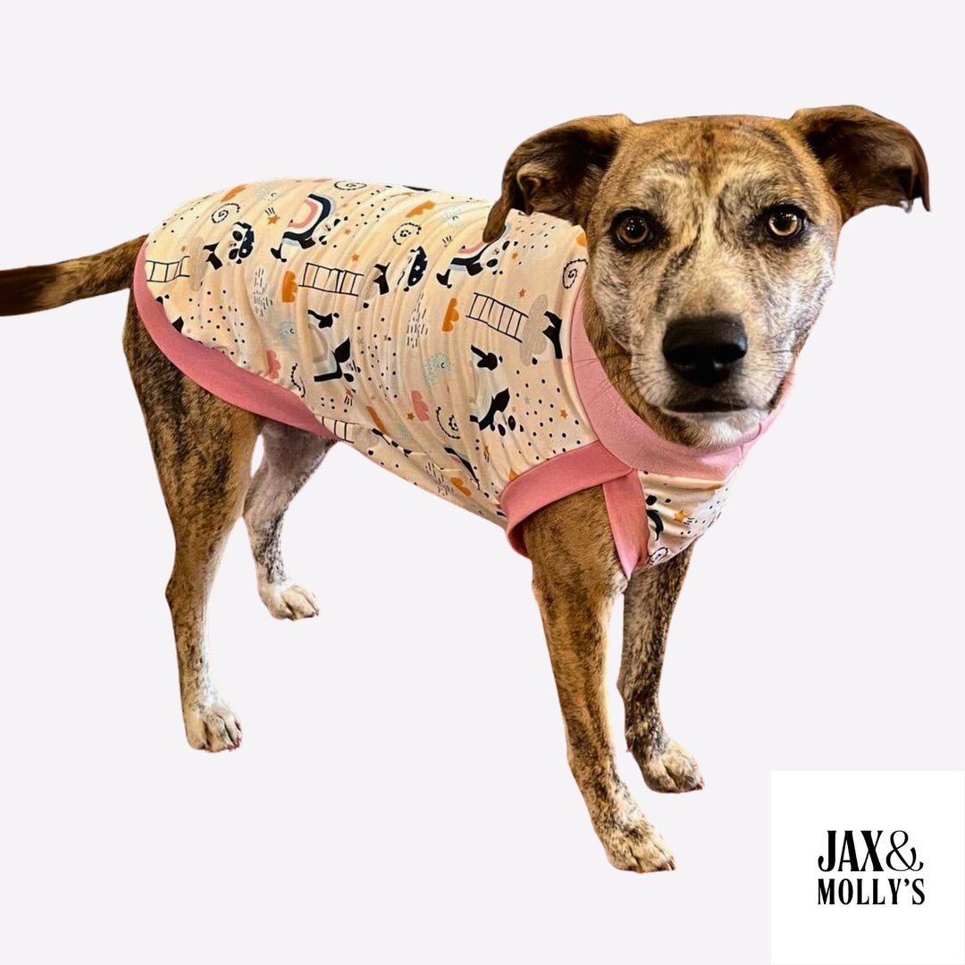 Adorable brindle dog wearing Jax & Molly's dog pajamas featuring adorable sleepy pandas and completed with light pink trim.