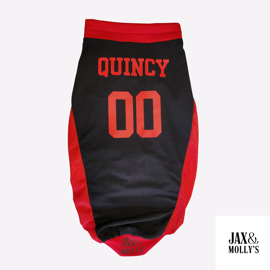 Jax & Molly's dog sports jersey crafted from black and red fabric, complete with mesh sides and embellished with a vinyl Quincy 00 graphic.