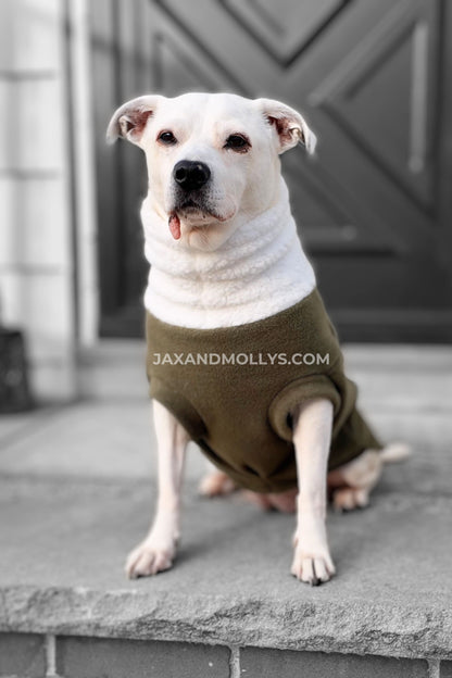Fleece Dog Sweater – Hunter Green with Faux Sherpa Turtleneck for Winter