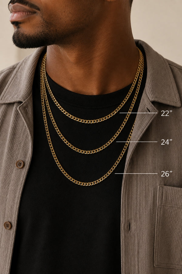 Length comparison of the 8mm Cuban Link 18K Gold PVD Necklace showing 22-inch, 24-inch, and 26-inch chain lengths on a male model.