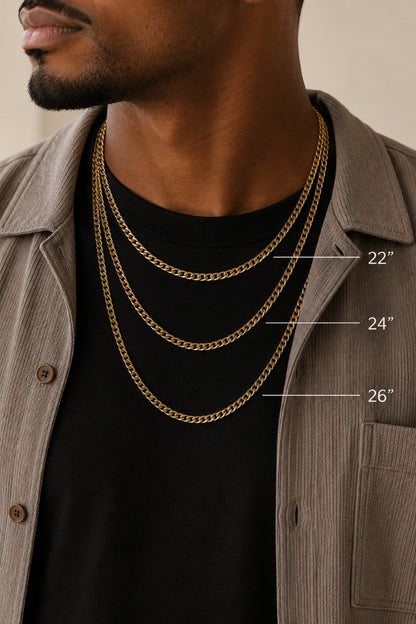 Length comparison of the 8mm Cuban Link 18K Gold PVD Necklace showing 22-inch, 24-inch, and 26-inch chain lengths on a male model.