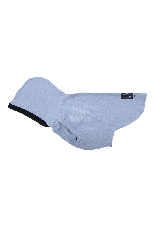 Lightweight cotton dog hoodie in gray with back trim around hood y Jax & Molly's