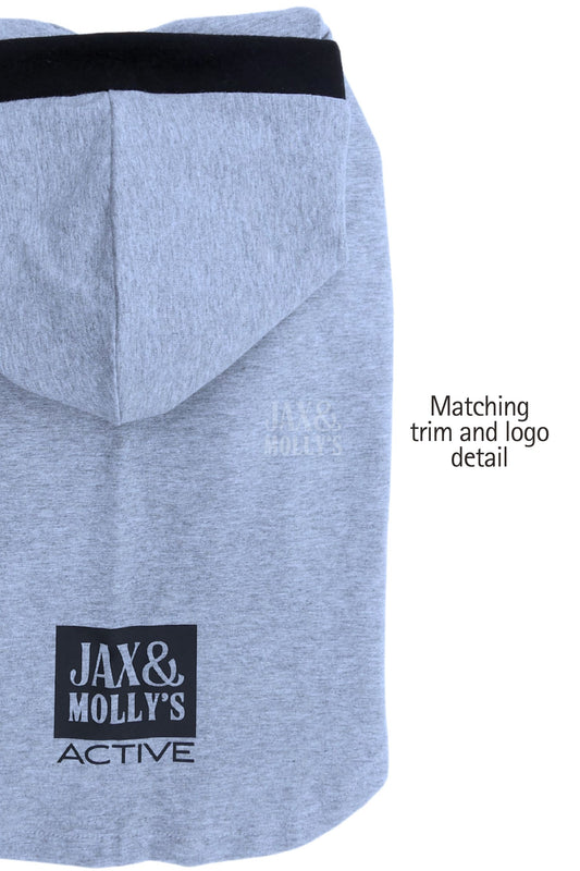 Gray dog hoodie with black trim and logo detail on a white background