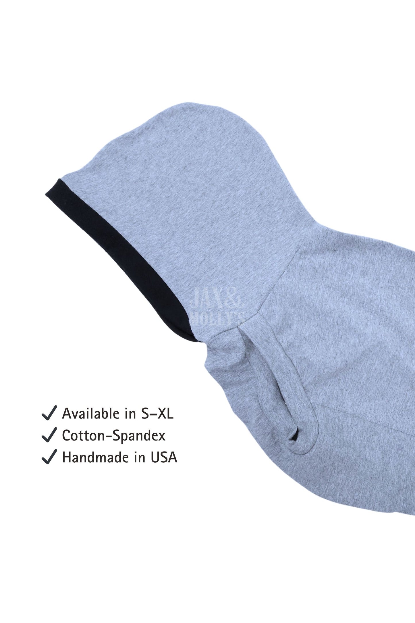 Gray hooded dog shirt with black trim on a white background, featuring text about size availability, material, and origin -- brand 'Jax & Molly's'