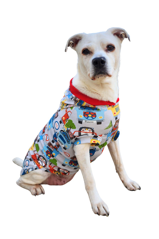 Medium white dog wearing hooded animal road trip dog shirt, front view showing chest fit and hood