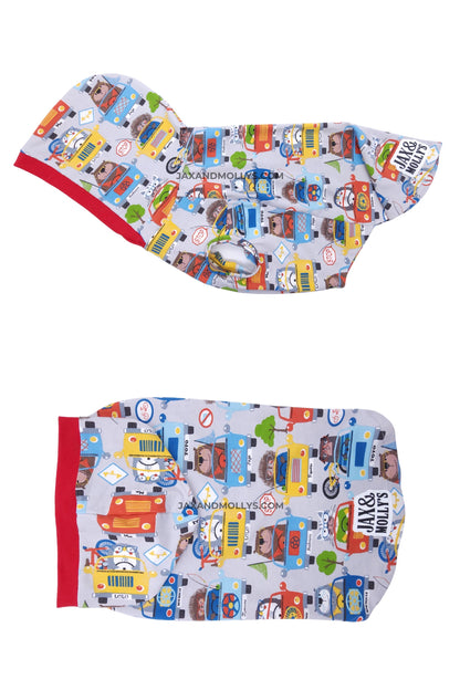 Animal Road Trip cotton spandex dog pajamas, flat lay showing animal's in cars print