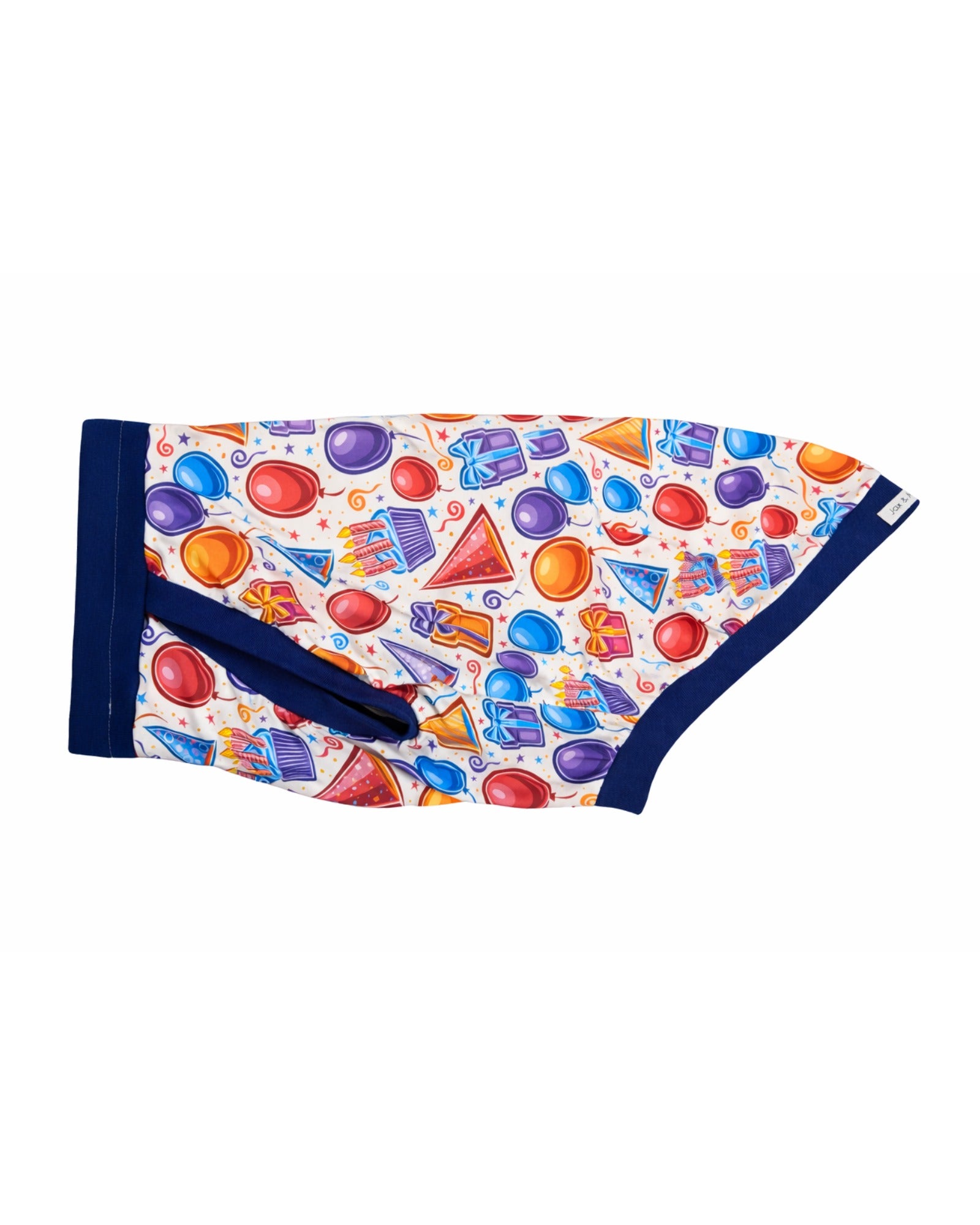 Birthday Celebration dog pajamas made from lightweight stretchy PolySpandex, with navy trim
