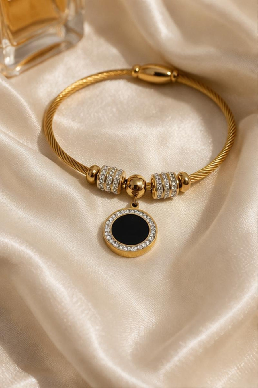 Black Enamel Charm Bangle Bracelet – 18K PVD Gold Plated Stainless Steel