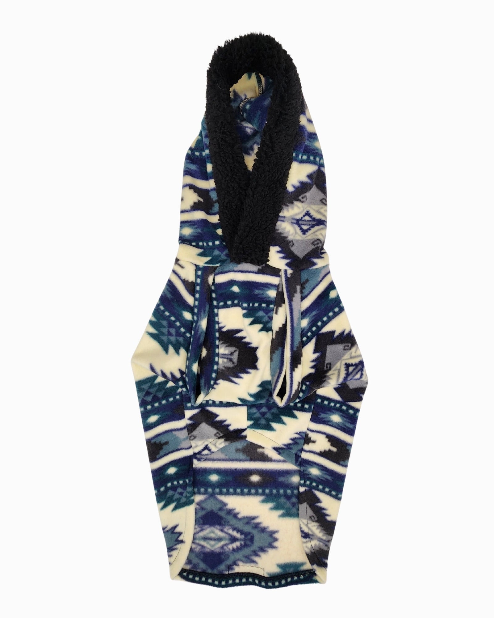 Blue Aztec fleece dog sweater with sherpa trim hood, underbelly view
