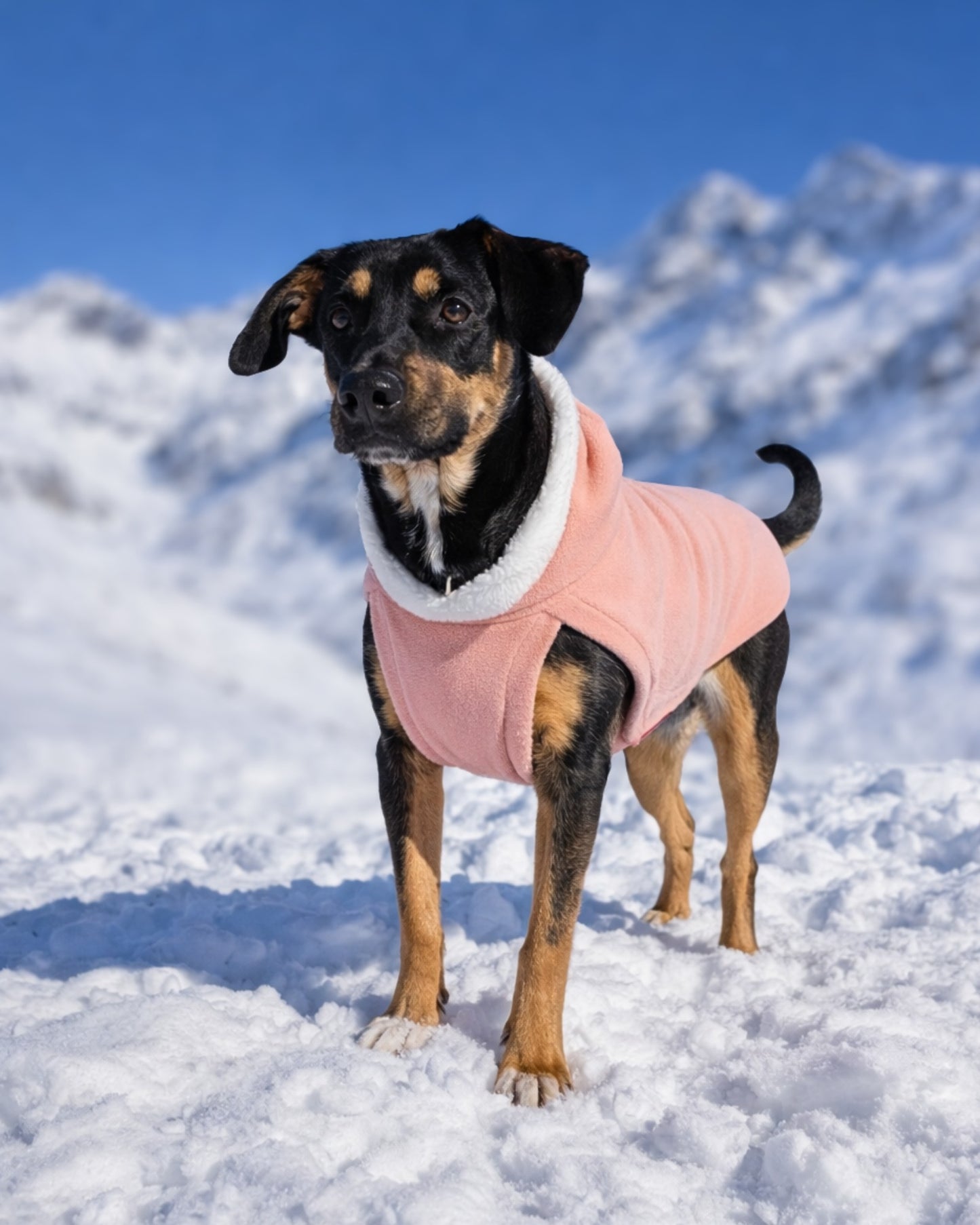 Blush pink fleece dog hoodie with sherpa trim on black dog, standing on snowy mountain top