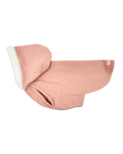 Blush pink fleece dog hoodie with sherpa trim, side view with hood up