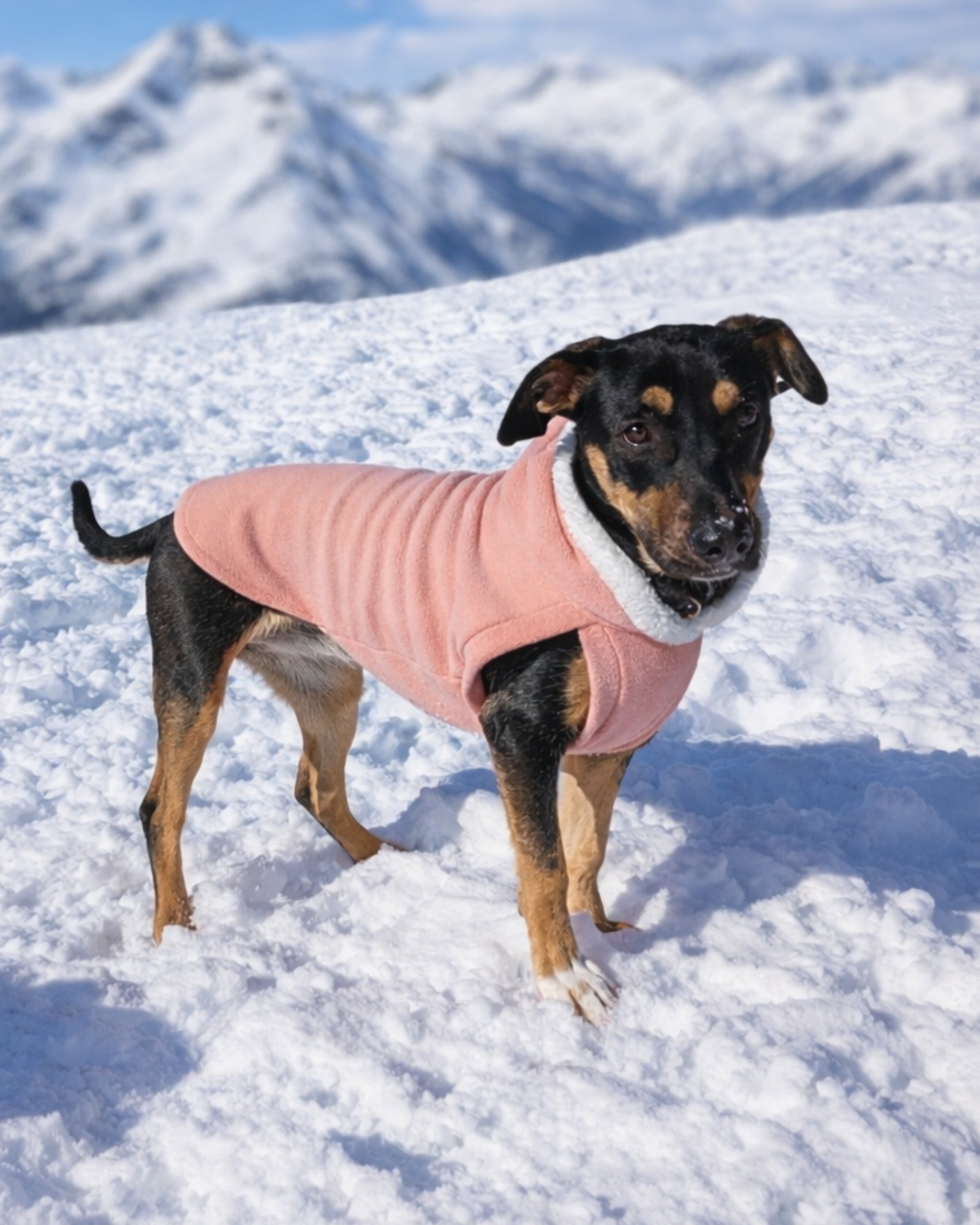 Blush pink fleece dog hoodie with sherpa trim on black dog, side profile standing on snowy mountain top