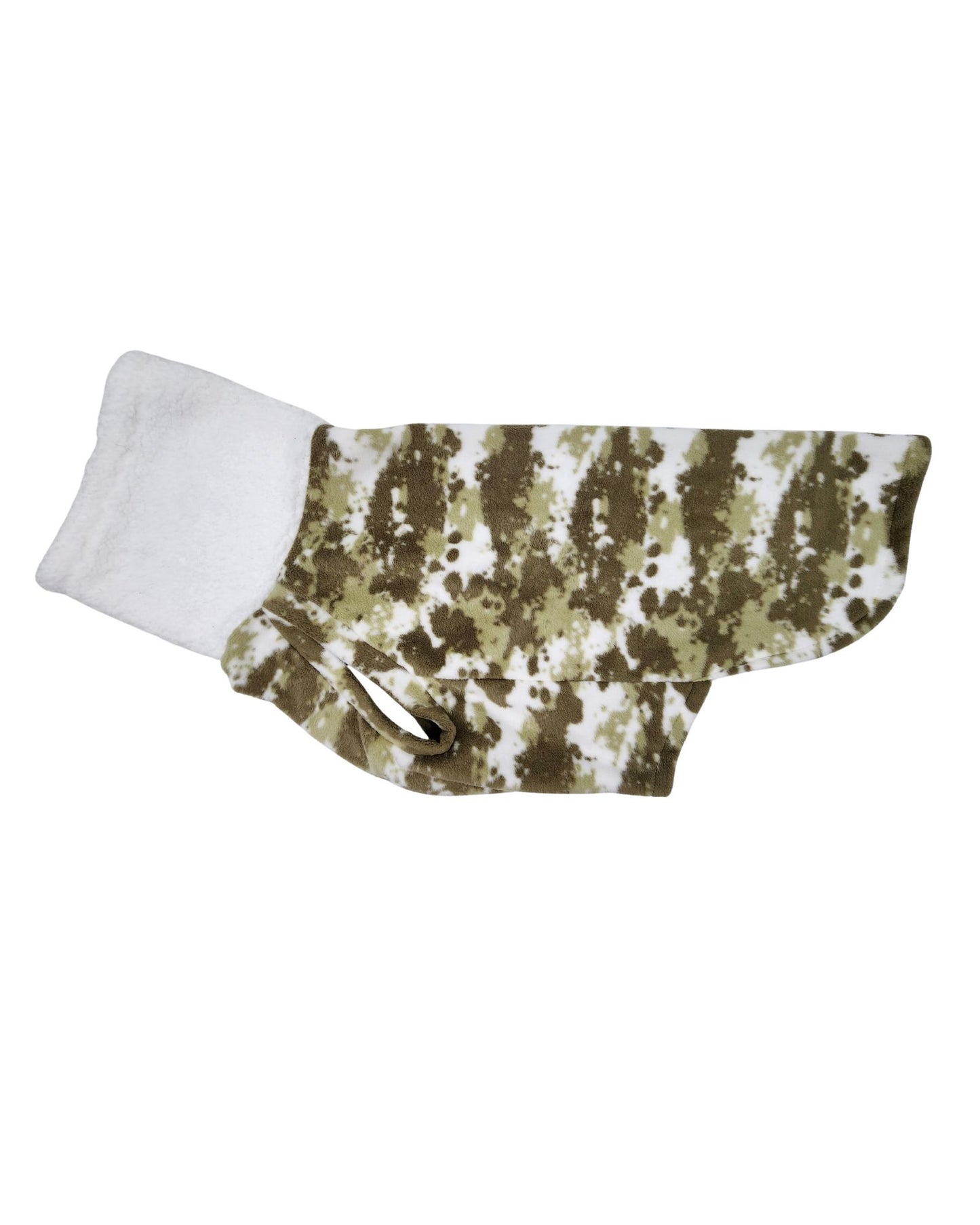 Camouflage fleece dog sweater with white sherpa turtleneck, side view on white background