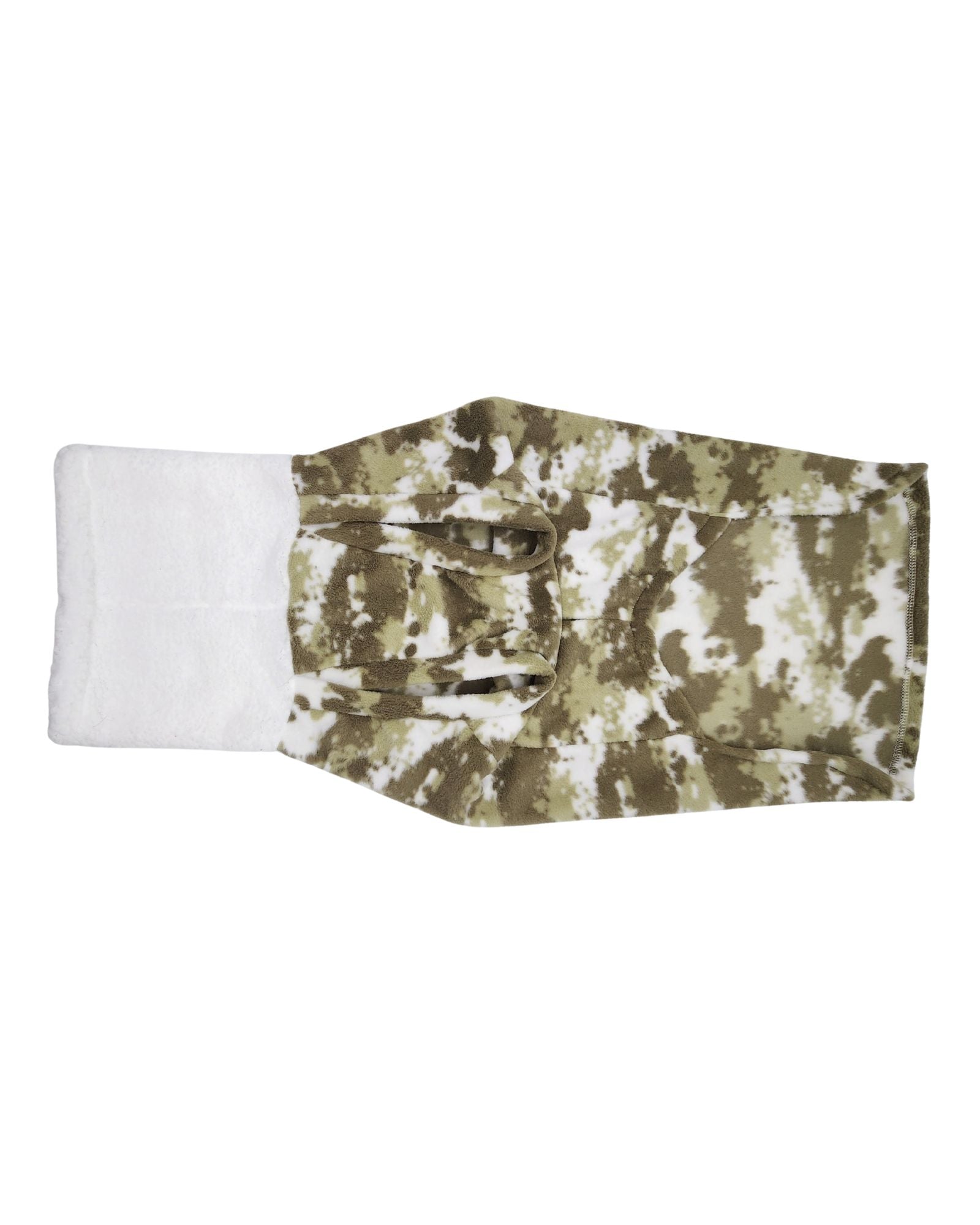 Green camouflage fleece dog sweater with soft white sherpa turtleneck, underbelly view