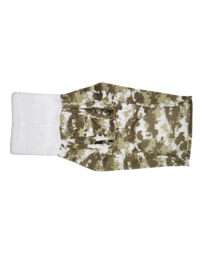 Green camouflage fleece dog sweater with soft white sherpa turtleneck, underbelly view