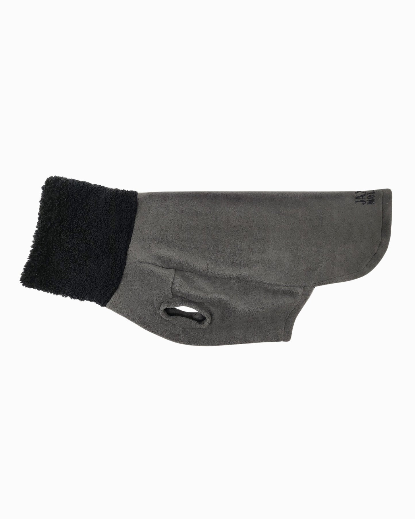 Charcoal gray fleece dog sweater with black sherpa turtleneck, flat side view