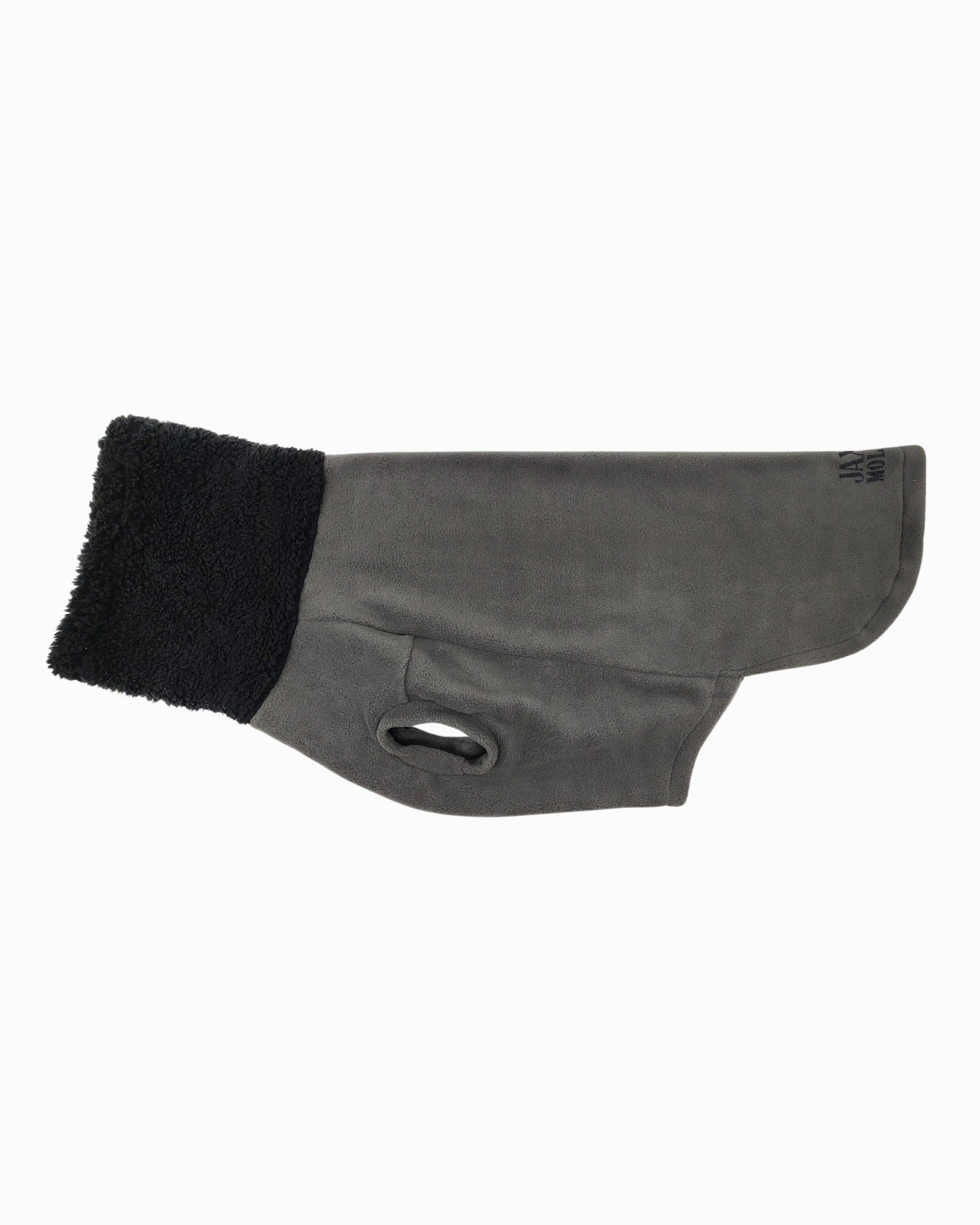 Charcoal gray fleece dog sweater with black sherpa turtleneck, flat side view