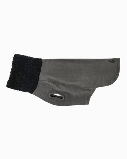 Charcoal gray fleece dog sweater with black sherpa turtleneck, flat side view