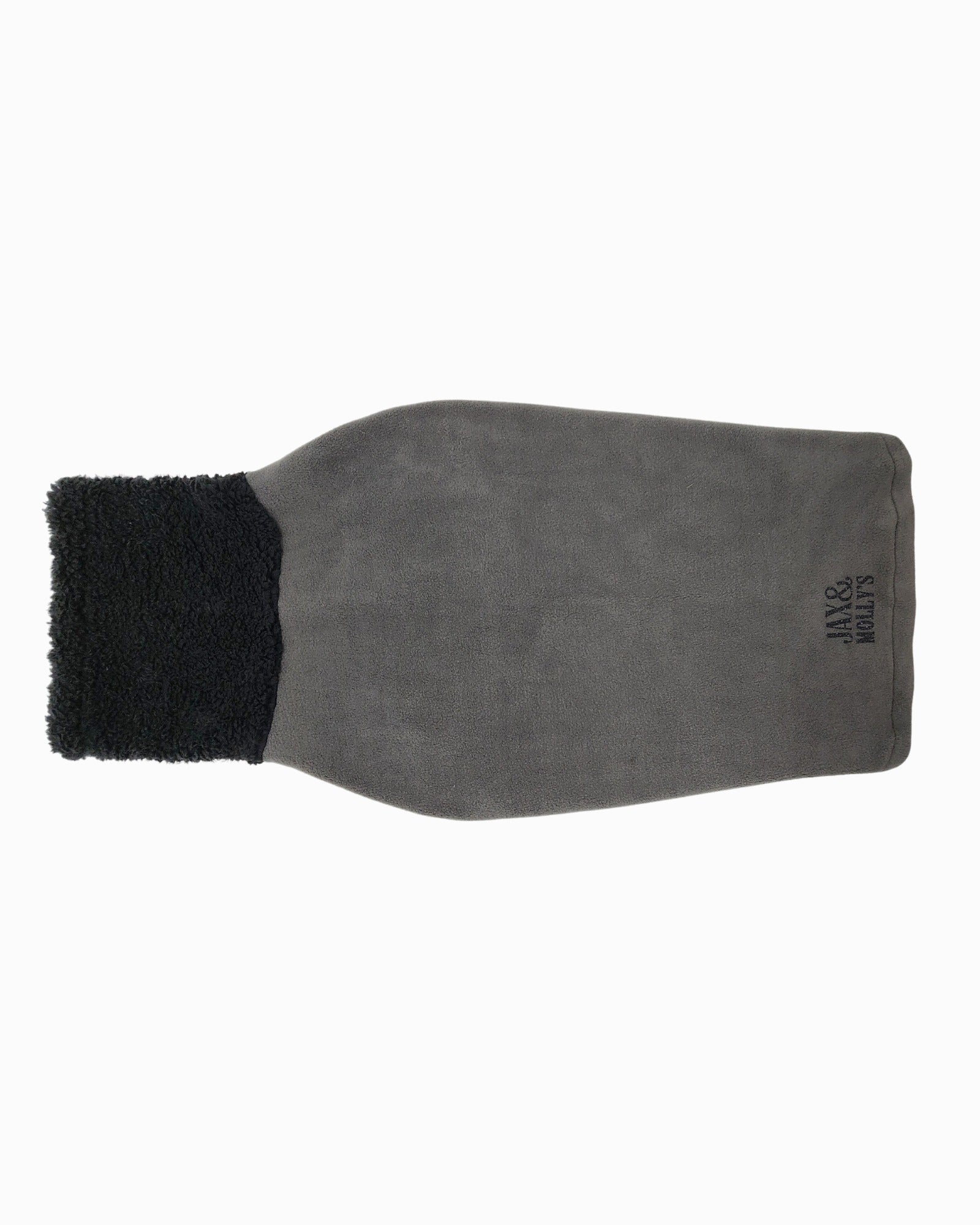 Charcoal gray fleece dog sweater with black sherpa turtleneck, back view