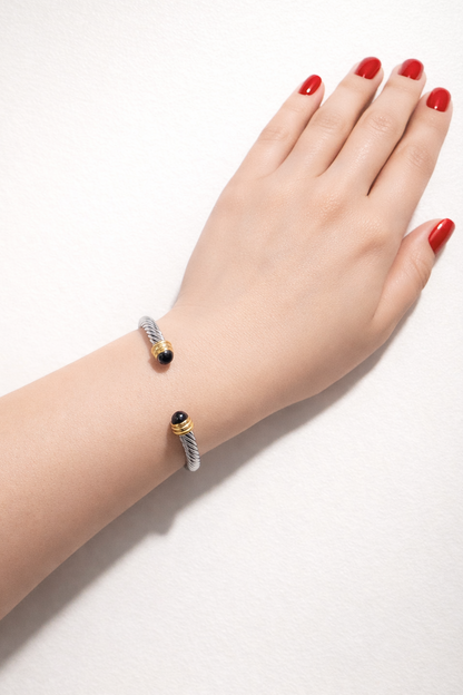 Stainless Steel Rope Cuff Bangle – Black & Gold Accents
