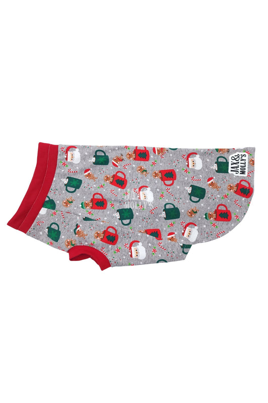 Holiday dog pajamas with cocoa mugs