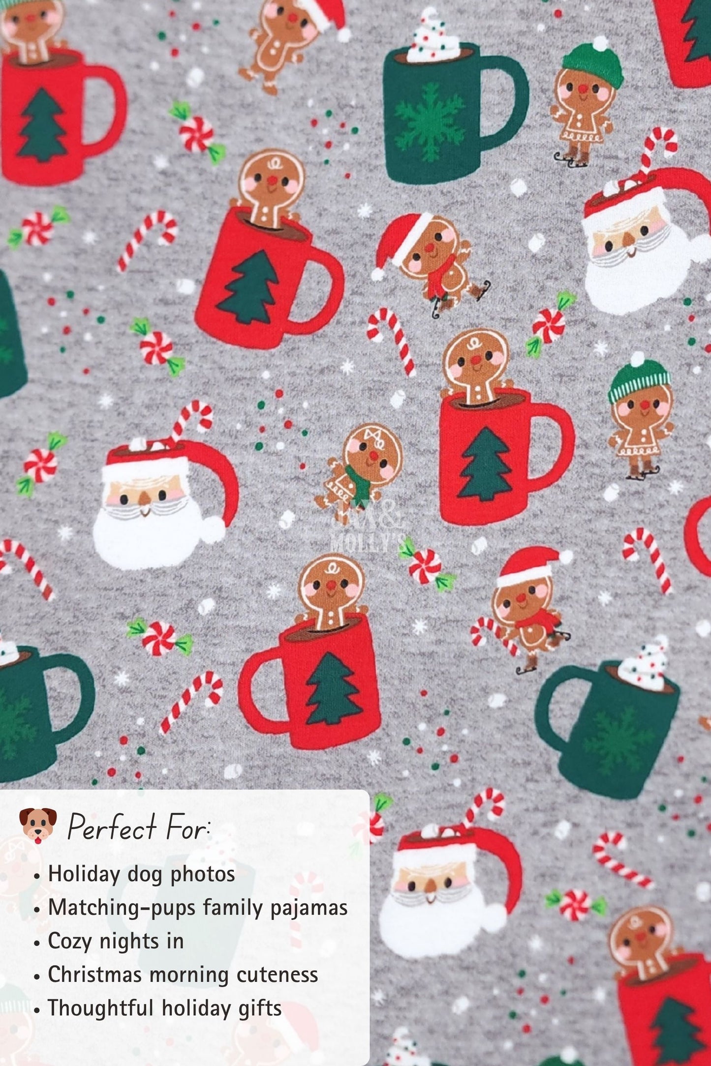 Christmas-themed fabric with Santa Claus, gingerbread men, and hot cocoa mugs on a gray background.