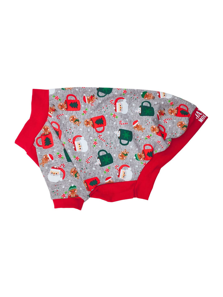 Side profile of Jax & Molly's Christmas Mug Dog Pajamas with and adorable print of Christmas mugs with Santa, gingerbread cookies, candy canes, and more holiday accents.