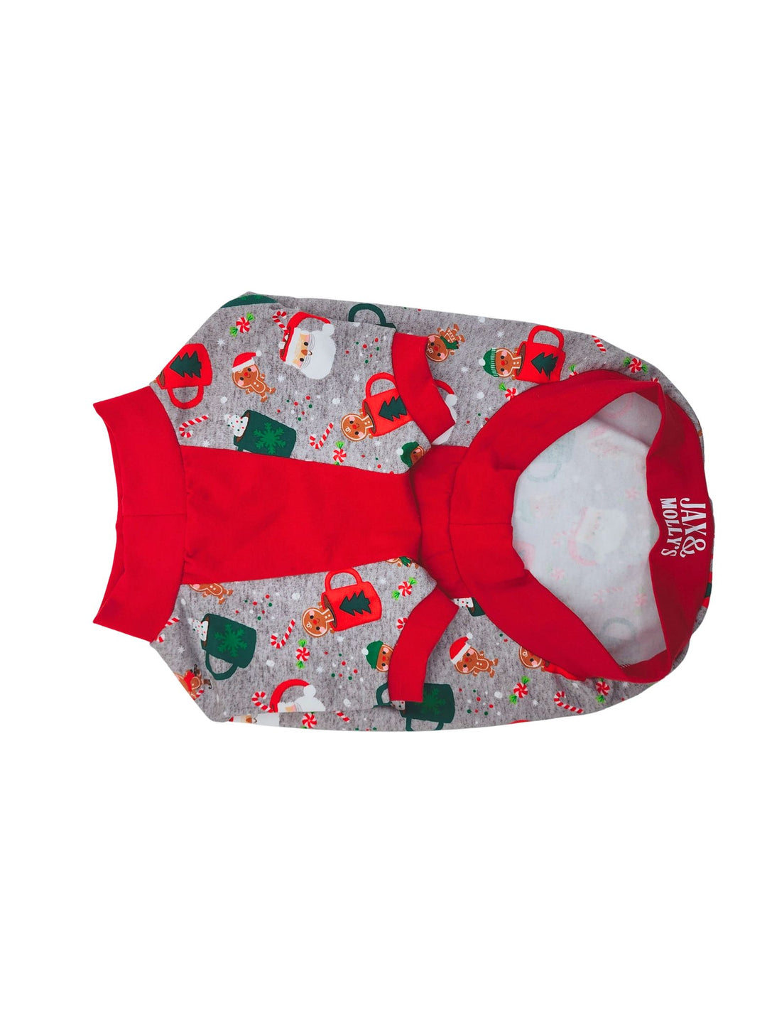 Underbelly view of Jax & Molly's Christmas Mug Dog Pajamas with and adorable print of Christmas mugs with Santa, gingerbread cookies, candy canes, and more holiday accents.