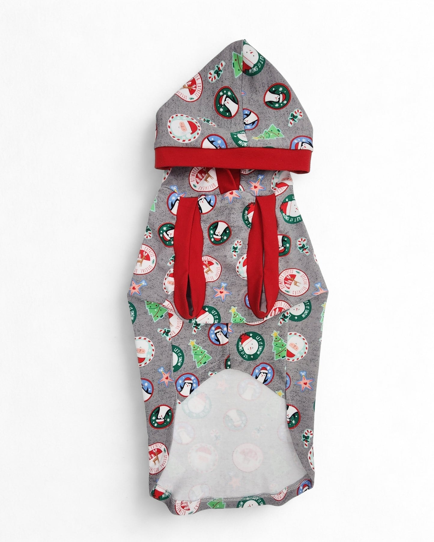 Festive cotton-spandex dog hoodie featuring Christmas icons