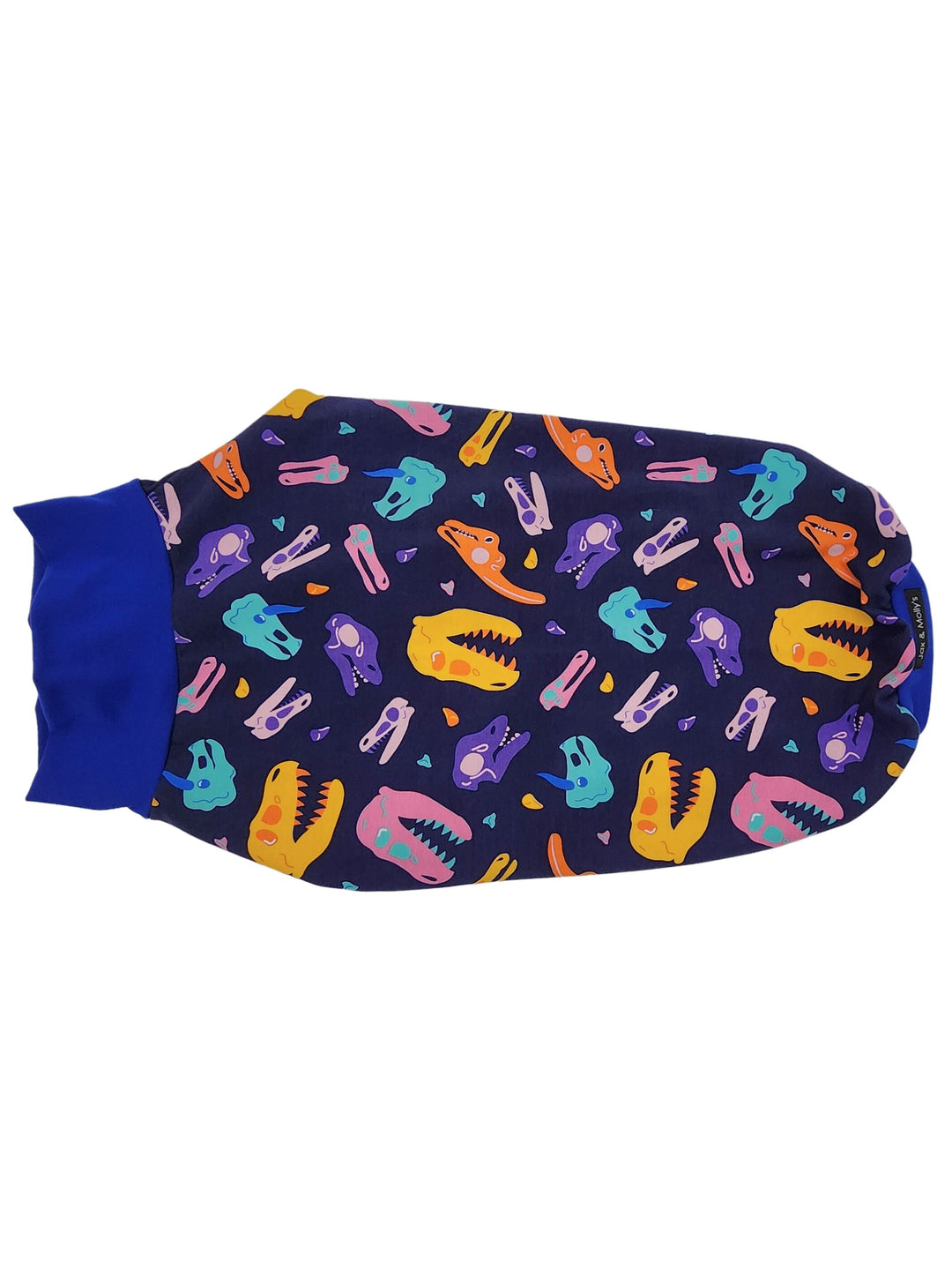 Back view of blue raglan dog pajamas adorned with colorful dinosaur skull print complemented by royal blue trim.