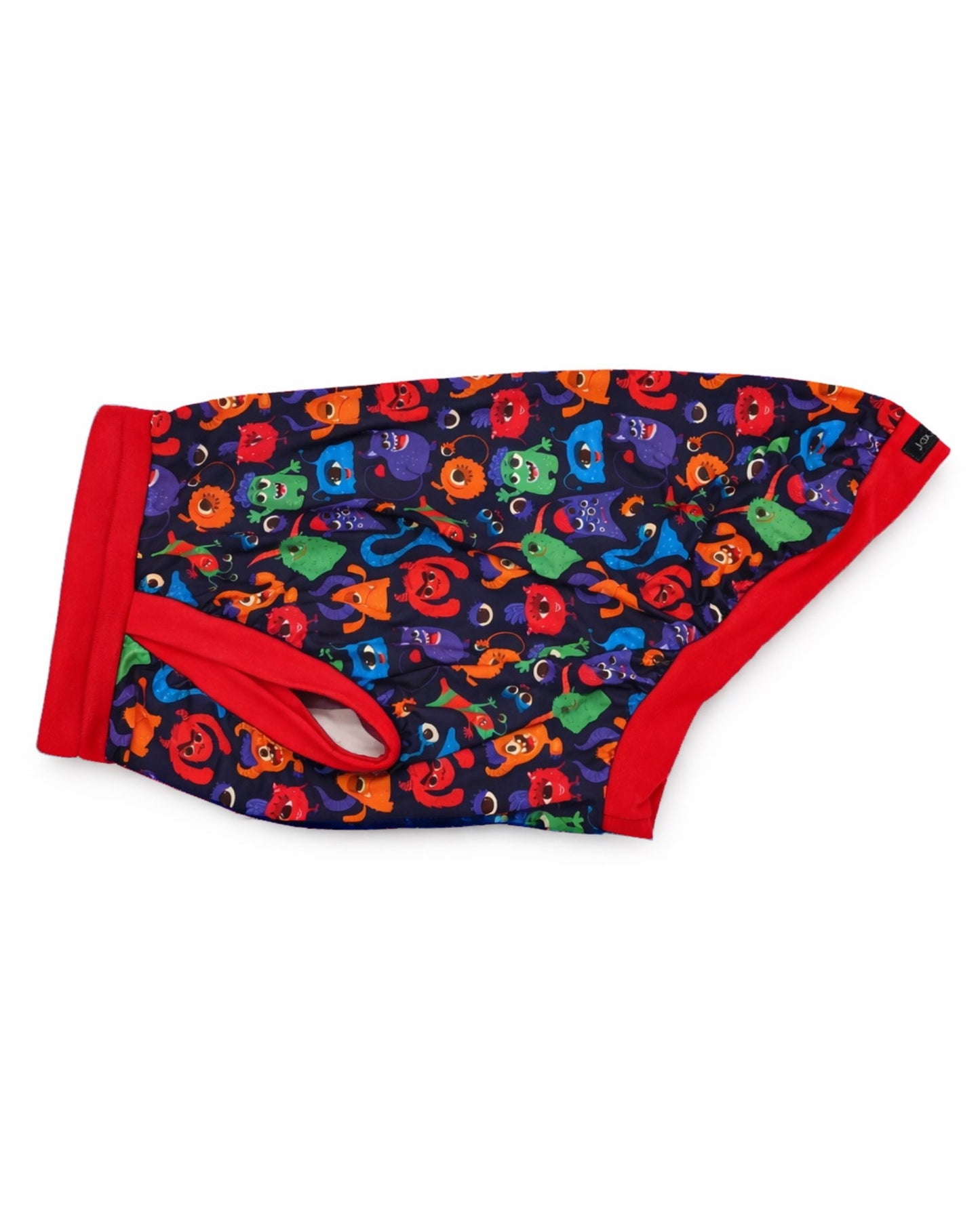 Colorful Monster Comrades dog pajamas front view with four-way stretch fabric and cotton spandex trim