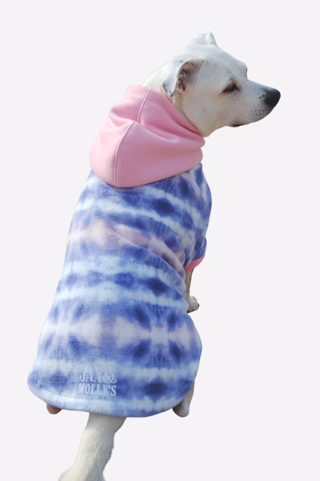 Adorable white pup modeling the back of Jax & Molly's Cotton Candy Tie-Dye Fleece Dog Hoodie with gorgeous hues of lavender, pink and white fleece and complimented by a baby pink hood.