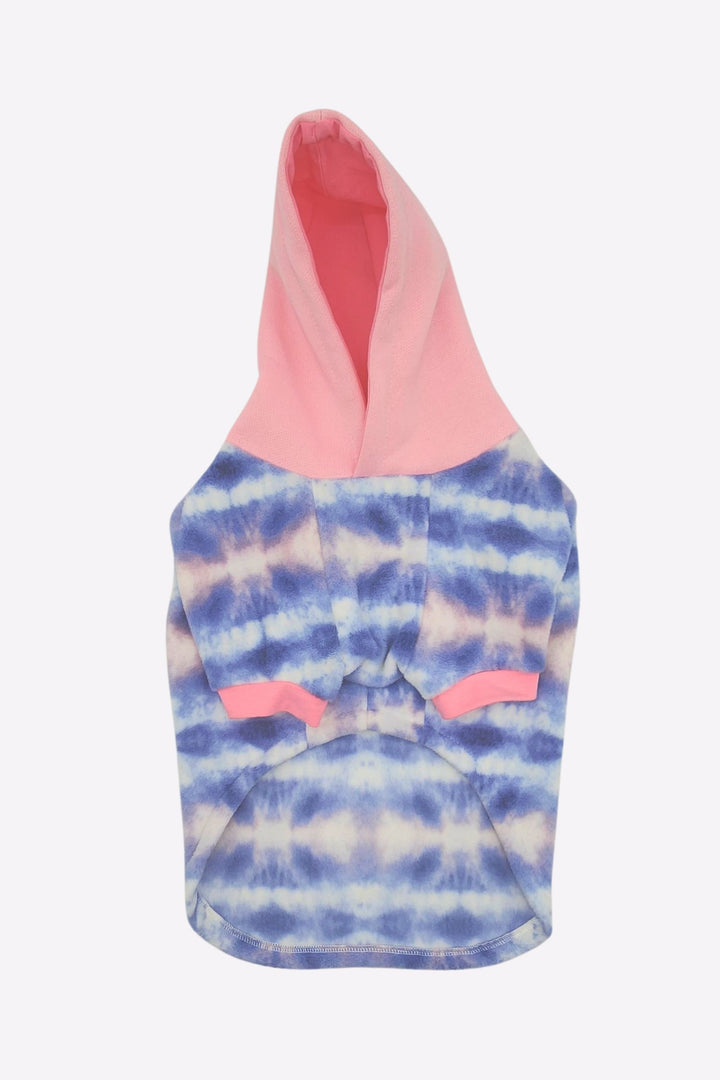 Underbelly display of Jax & Molly's Cotton Candy Tie-Dye Fleece Dog Hoodie with gorgeous hues of lavender, pink and white fleece and complimented by a baby pink hood.