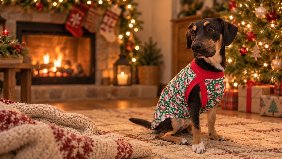 Dog wearing green Santa-print holiday pajamas with red trim in front of a lit Christmas tree and fireplace