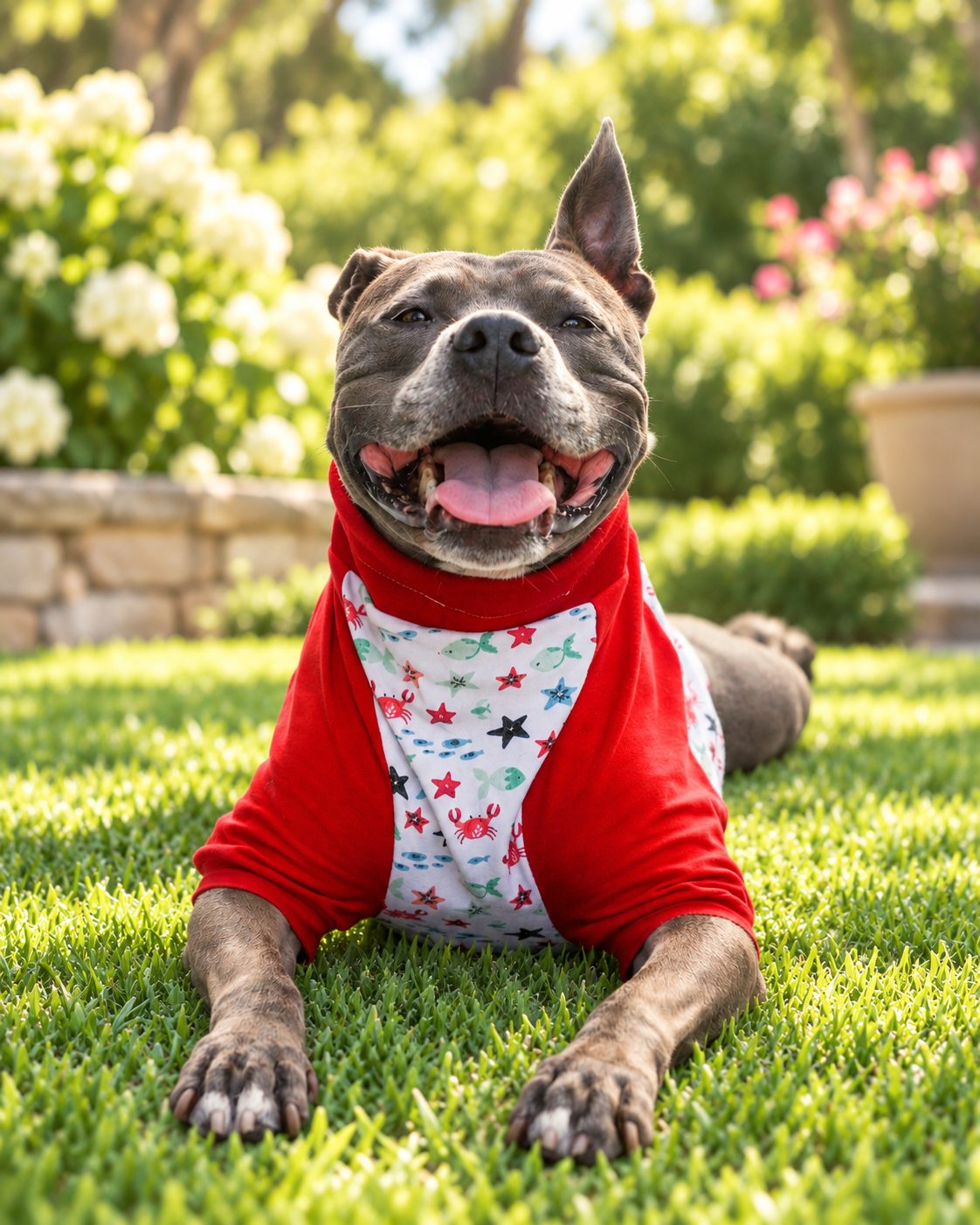 Happy gray dog wearing Crabby Sea Creature dog pajamas with red sleeves in a bright garden setting.