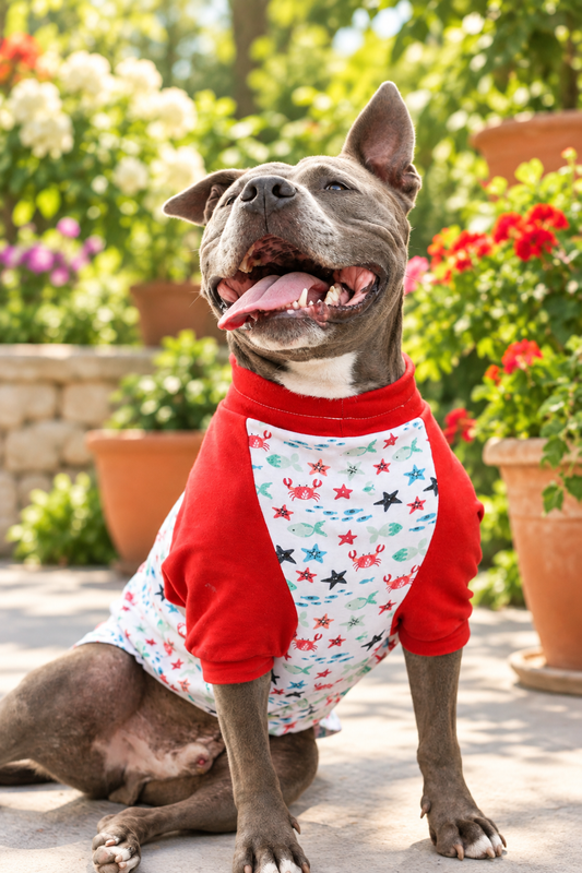 Smiling gray dog wearing Crabby Sea Creature dog pajamas with red sleeves in a sunny outdoor garden.